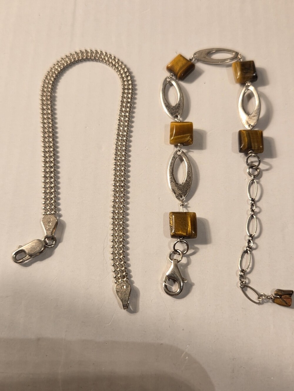 Sterling Silver 925 2 Bracelets and Tiger Eye Bead, Bracelet Set